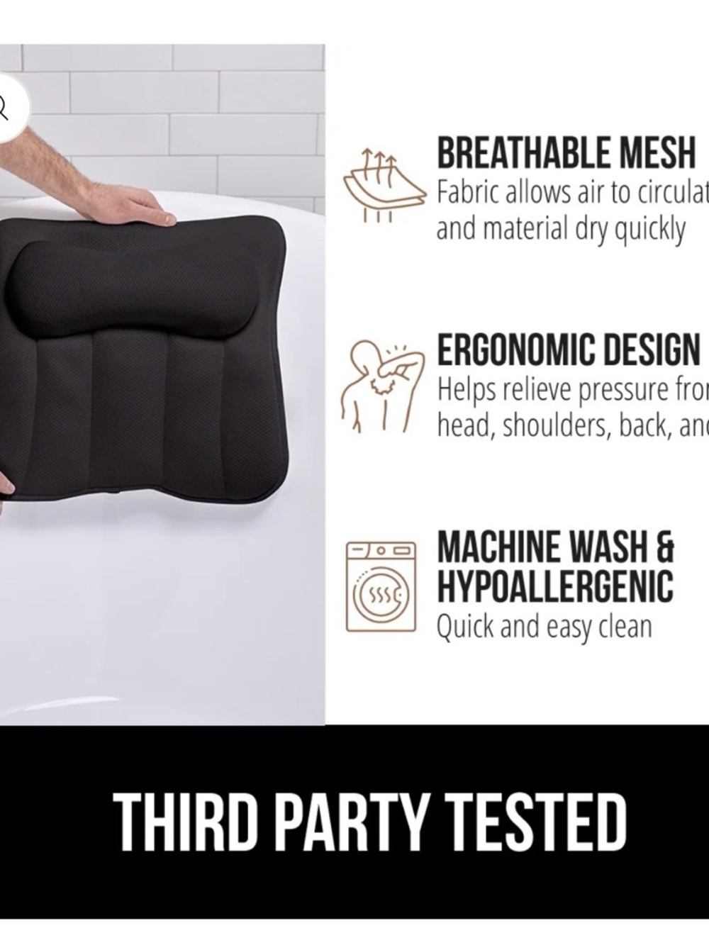 Gorilla Grip Black Mesh Bath Pillow - Comfortable Neck & Back Support - Picture 4 of 8